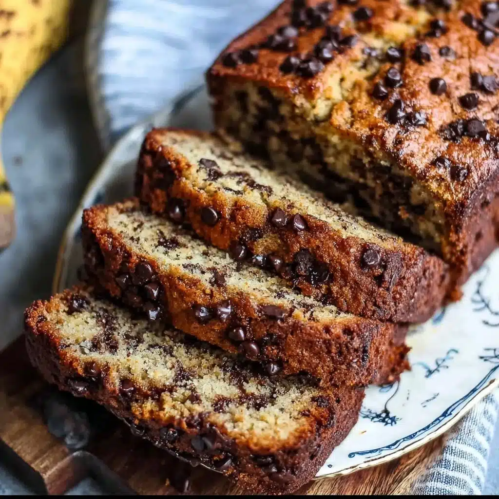 Moist chocolate chip banana bread served on a wooden table.