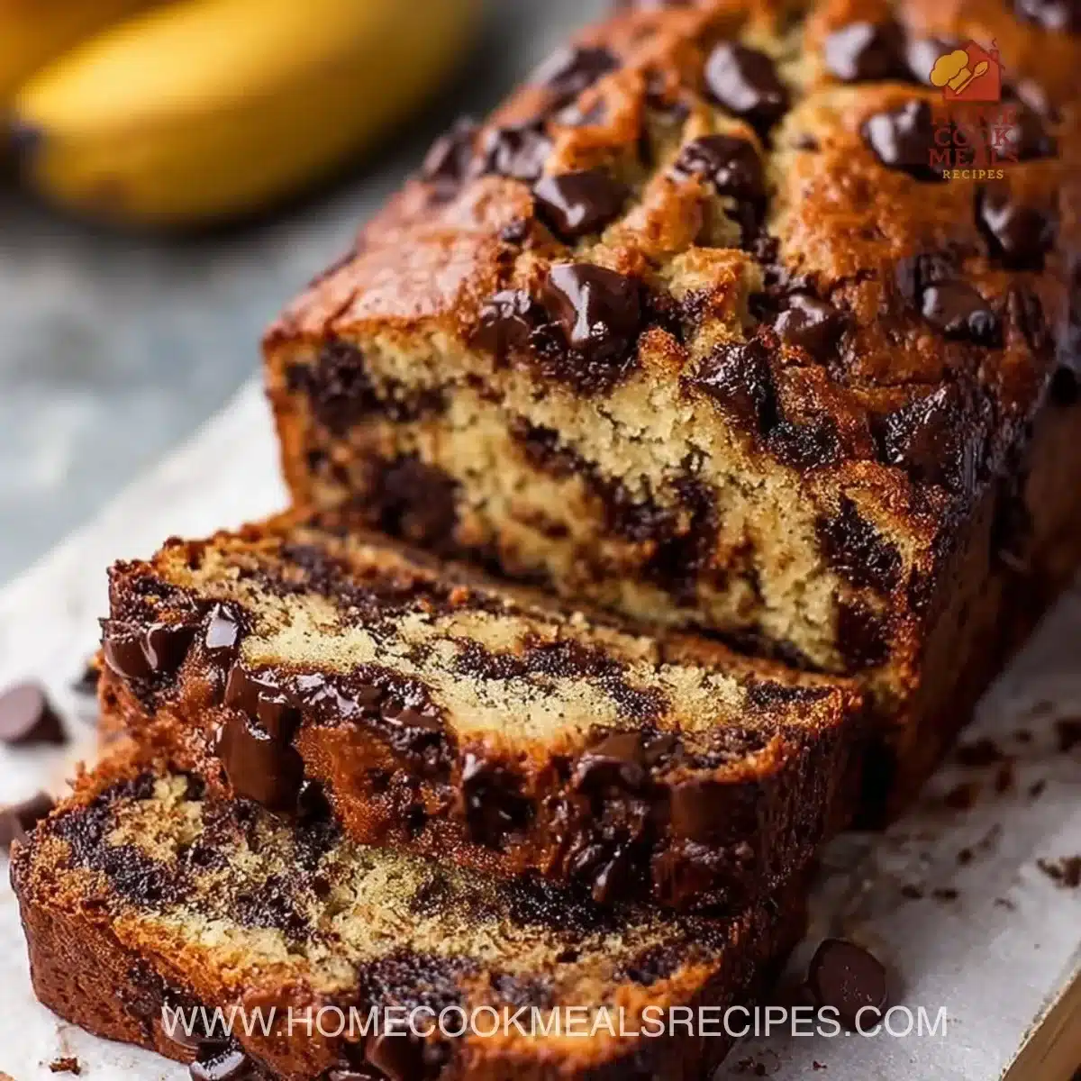 Sliced super moist chocolate chip banana bread on a wooden cutting board.