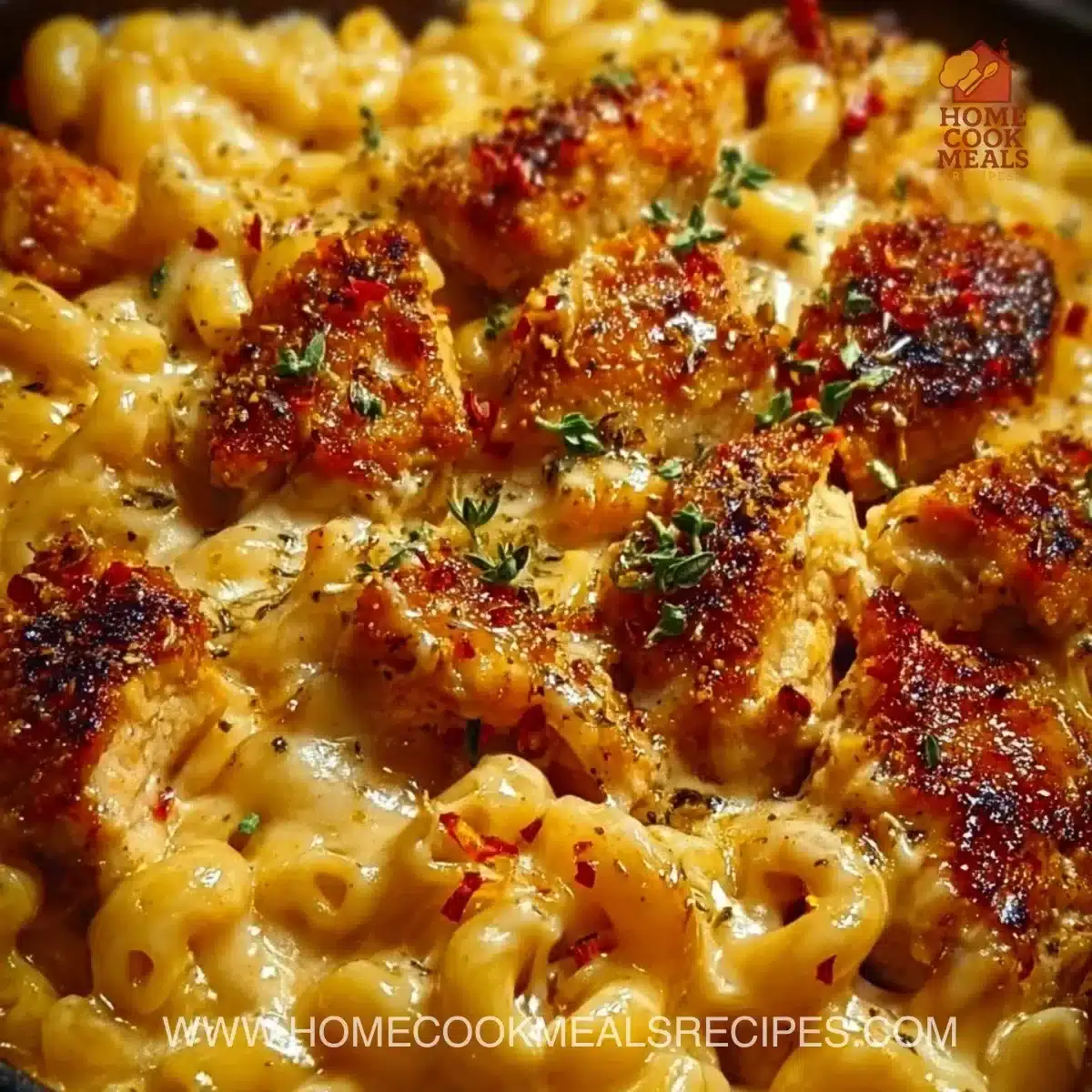 Honey Pepper Chicken Mac ‘n’ Cheese Comfort Bake topped with spices