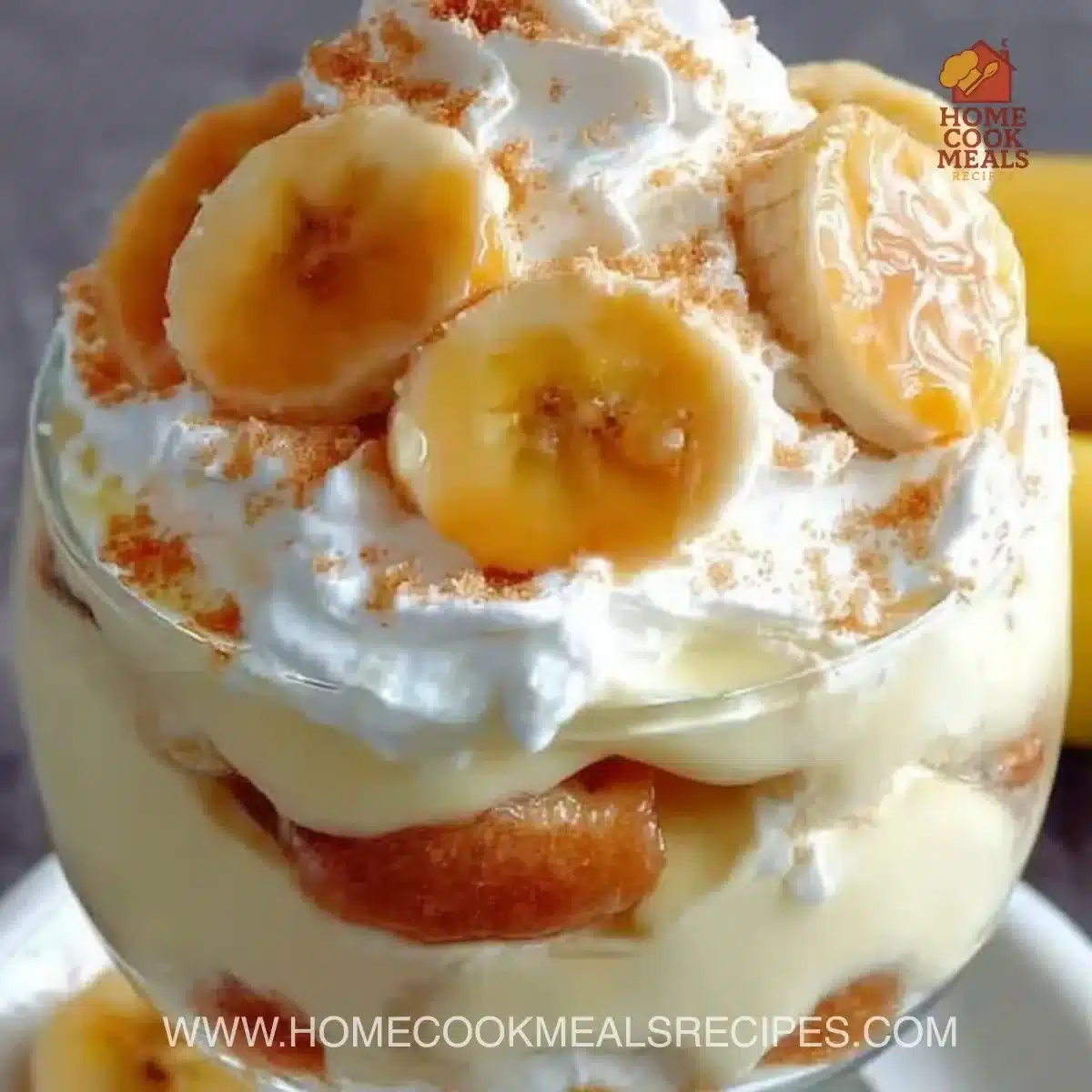 Delicious bowl of homemade banana pudding topped with whipped cream and bananas