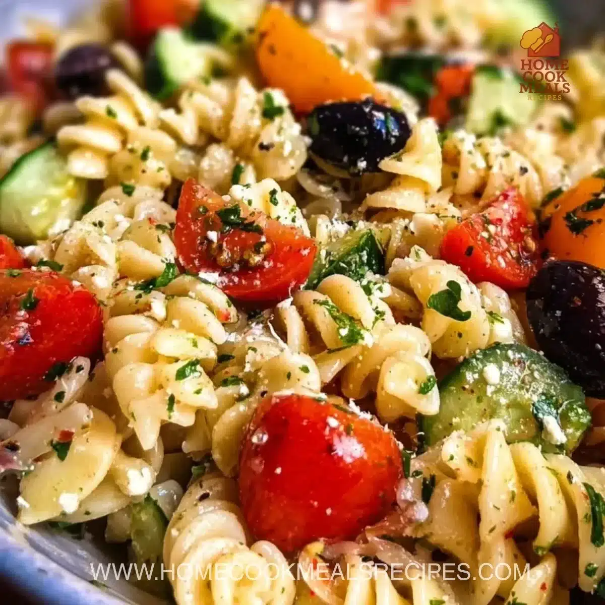 Delicious pasta salad with Italian dressing and fresh vegetables