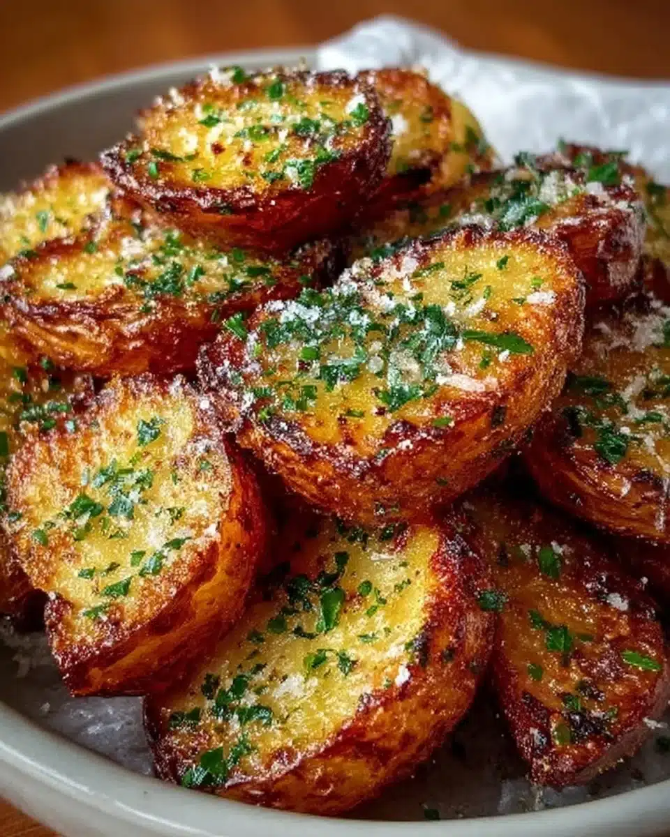 Air fryer baked garlic parmesan potatoes garnished with herbs
