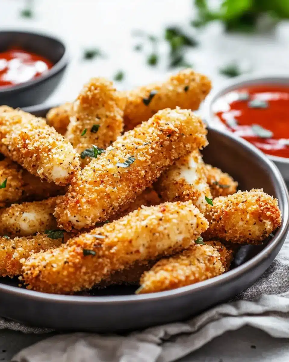 Crispy air fryer mozzarella sticks served with marinara sauce