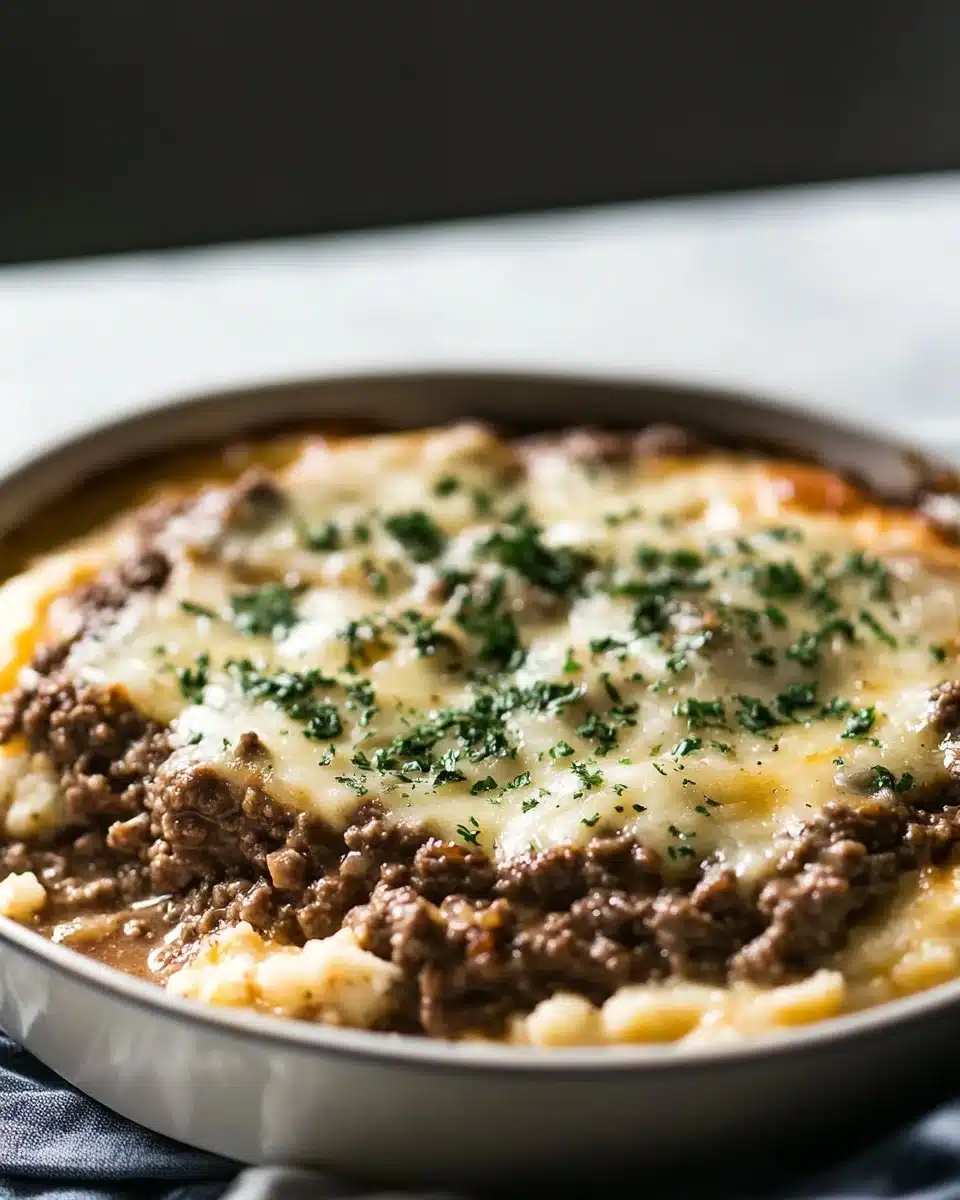 Amish Hamburger Steak Bake served with gravy and sides