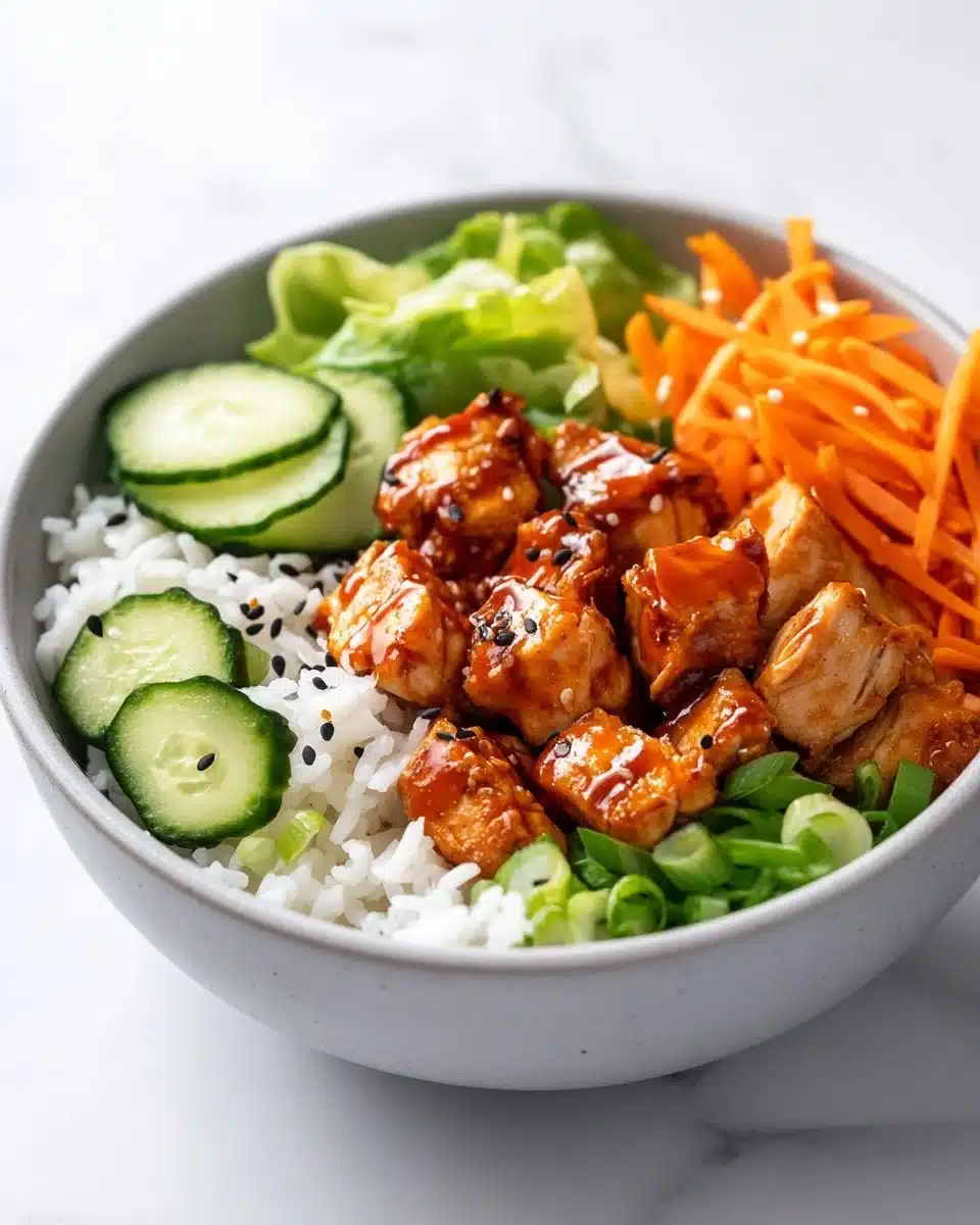 A colorful Bang Bang Chicken Bowl with chicken, vegetables, and sauce