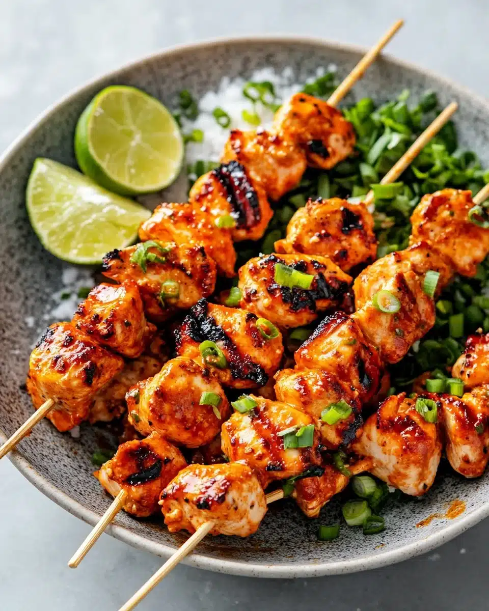 Bang Bang Chicken Skewers garnished and ready to serve