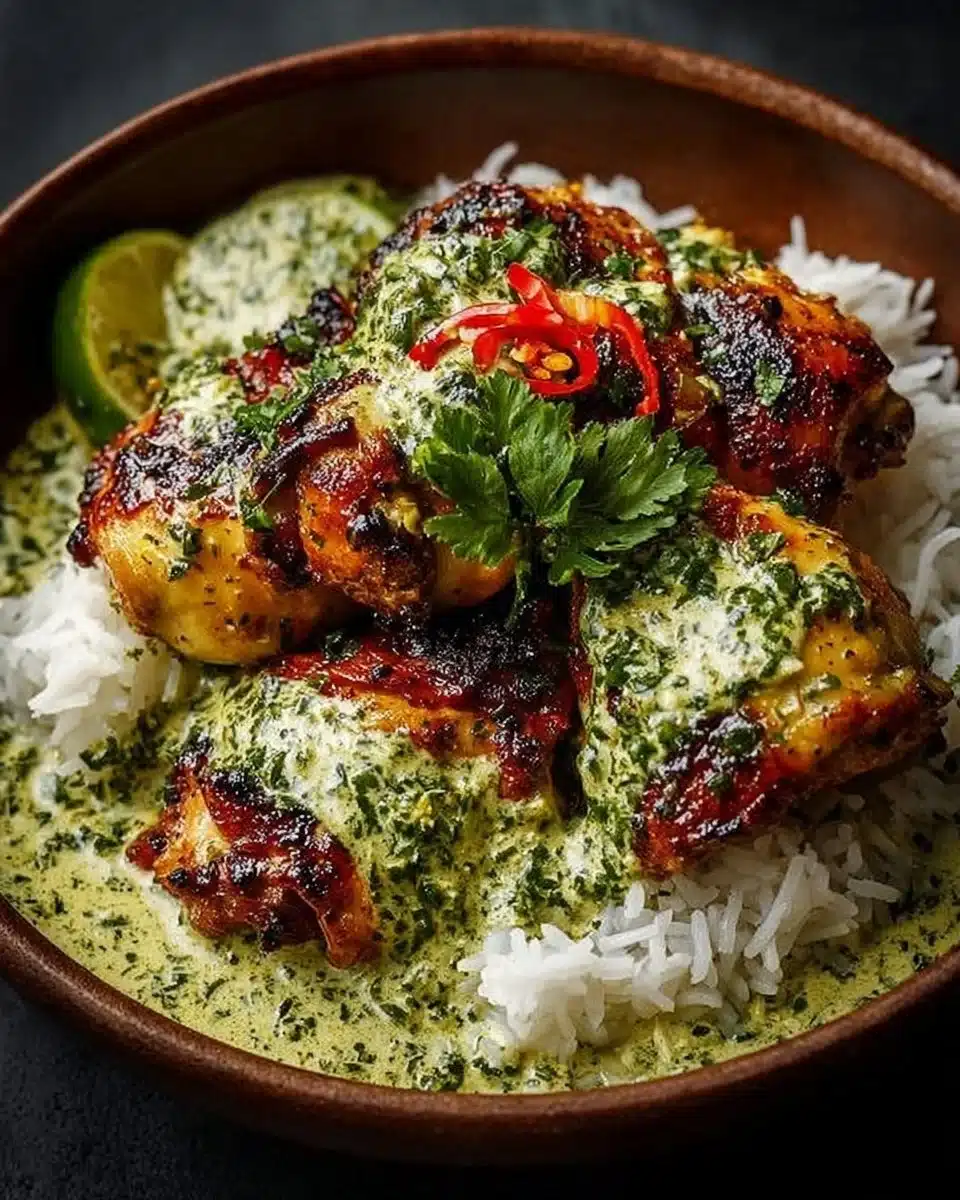 Delicious Peruvian chicken served with creamy green sauce on a plate