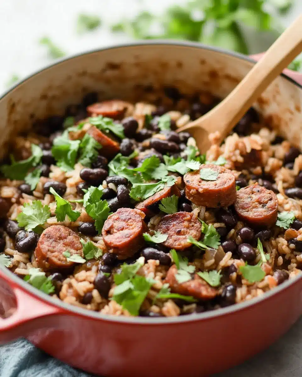 Plate of black beans and rice with sausage, garnished with herbs