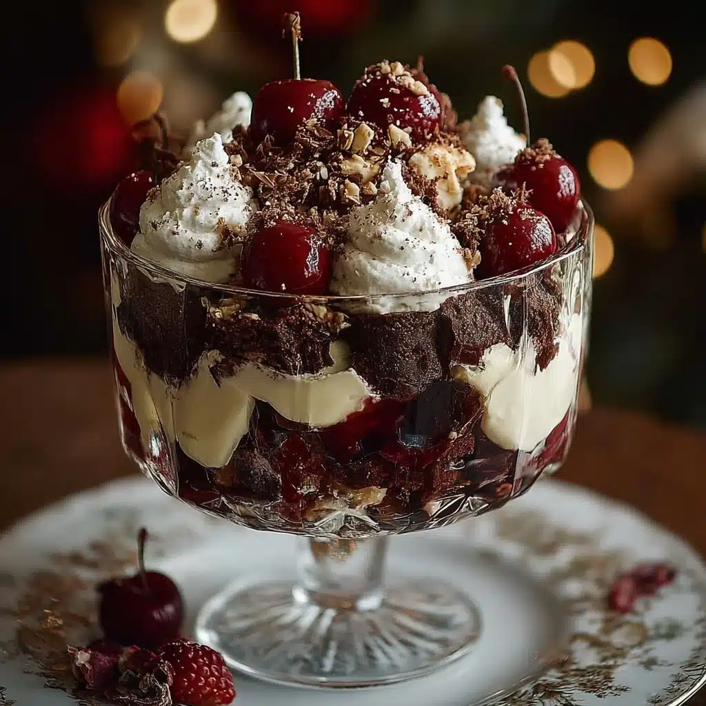 Delicious Black Forest Trifle with chocolate, cherries, and whipped cream layers.