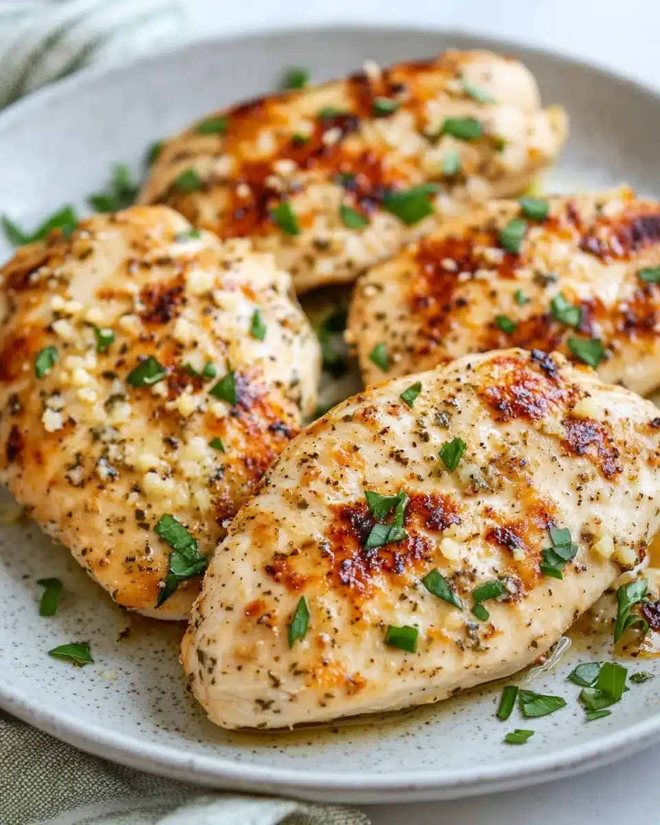 Blackstone Garlic Parmesan Chicken served on a plate with herbs
