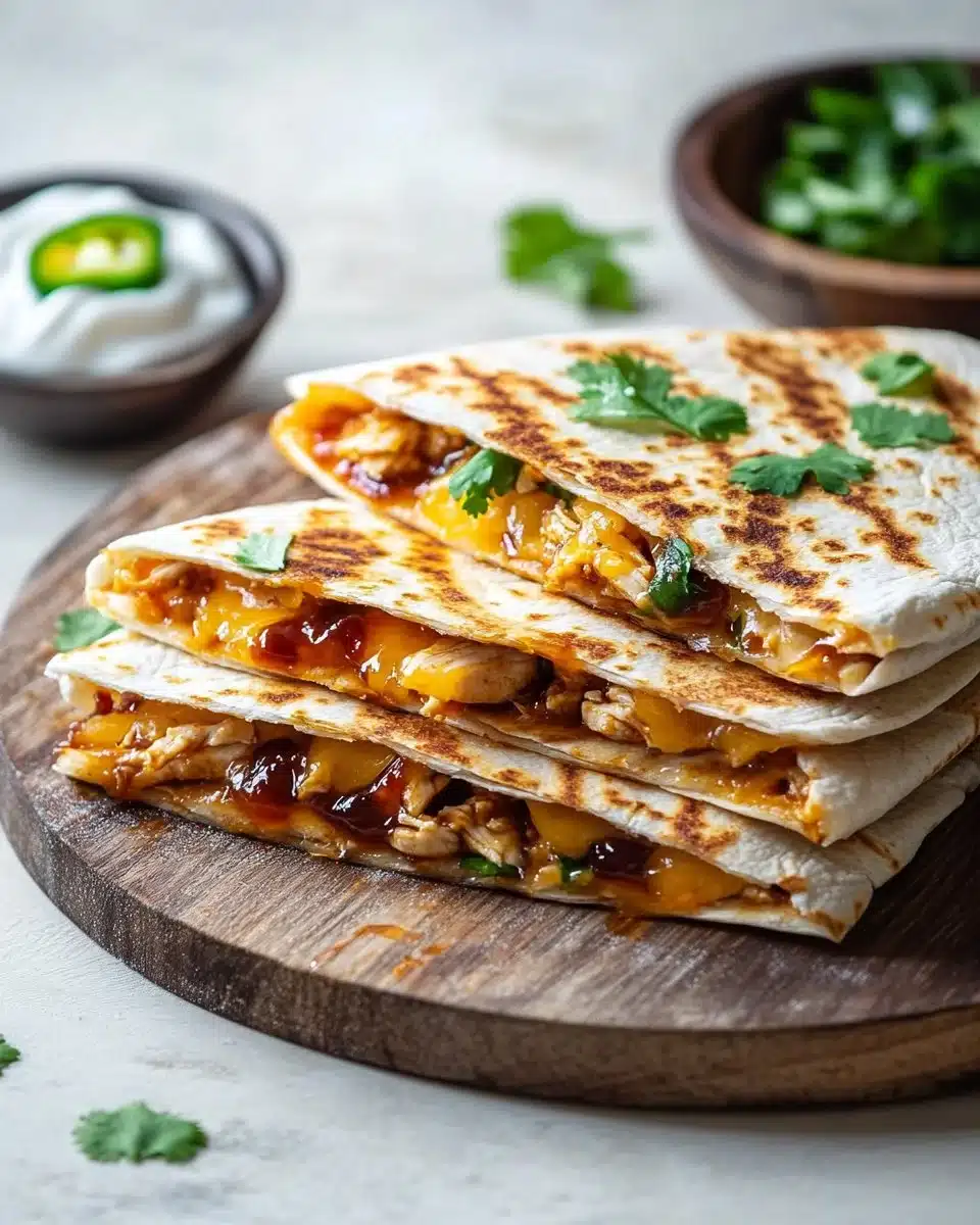 Blackstone Hot Honey BBQ chicken quesadillas served on a plate
