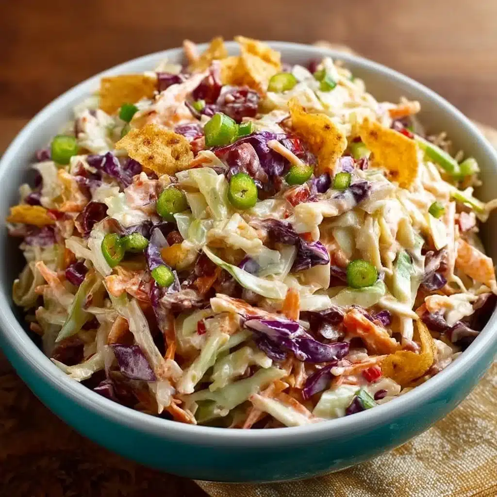 A colorful bowl of bold flavor-packed coleslaw with fresh vegetables and herbs.