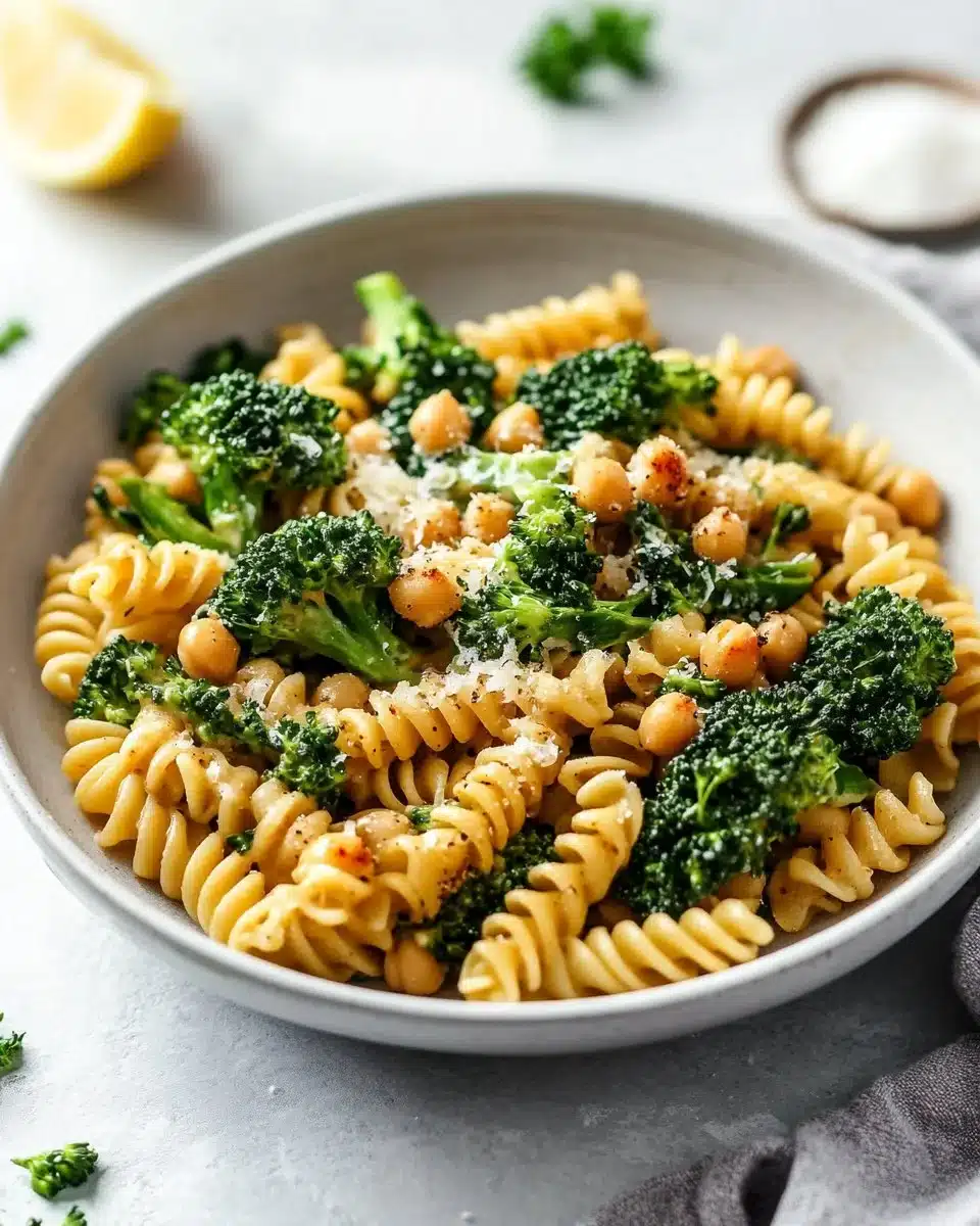 Broccoli Chickpea Pasta drizzled with garlic olive oil, a healthy and tasty dish