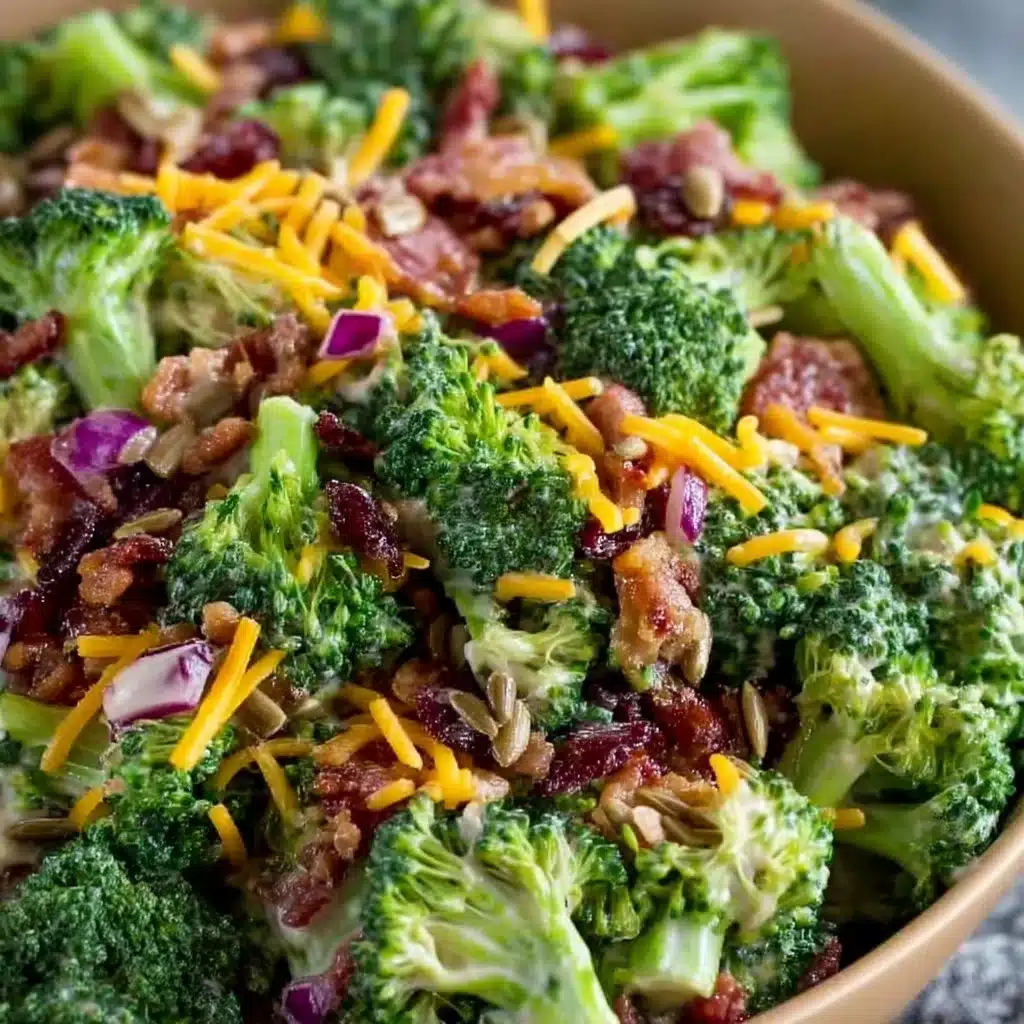 Broccoli salad with beef garnished with nuts and dressing on a plate
