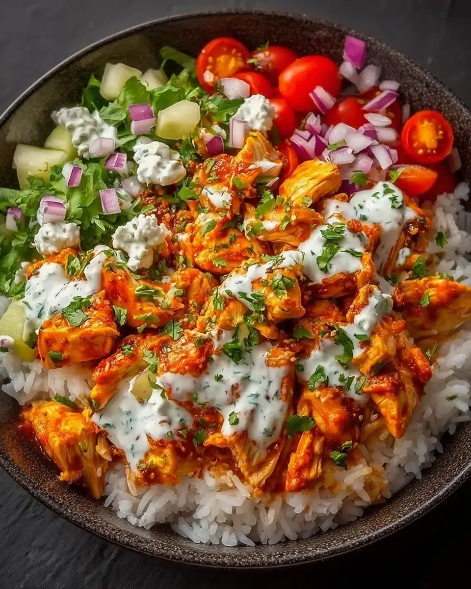 Delicious Buffalo Chicken Bowl topped with fresh ingredients