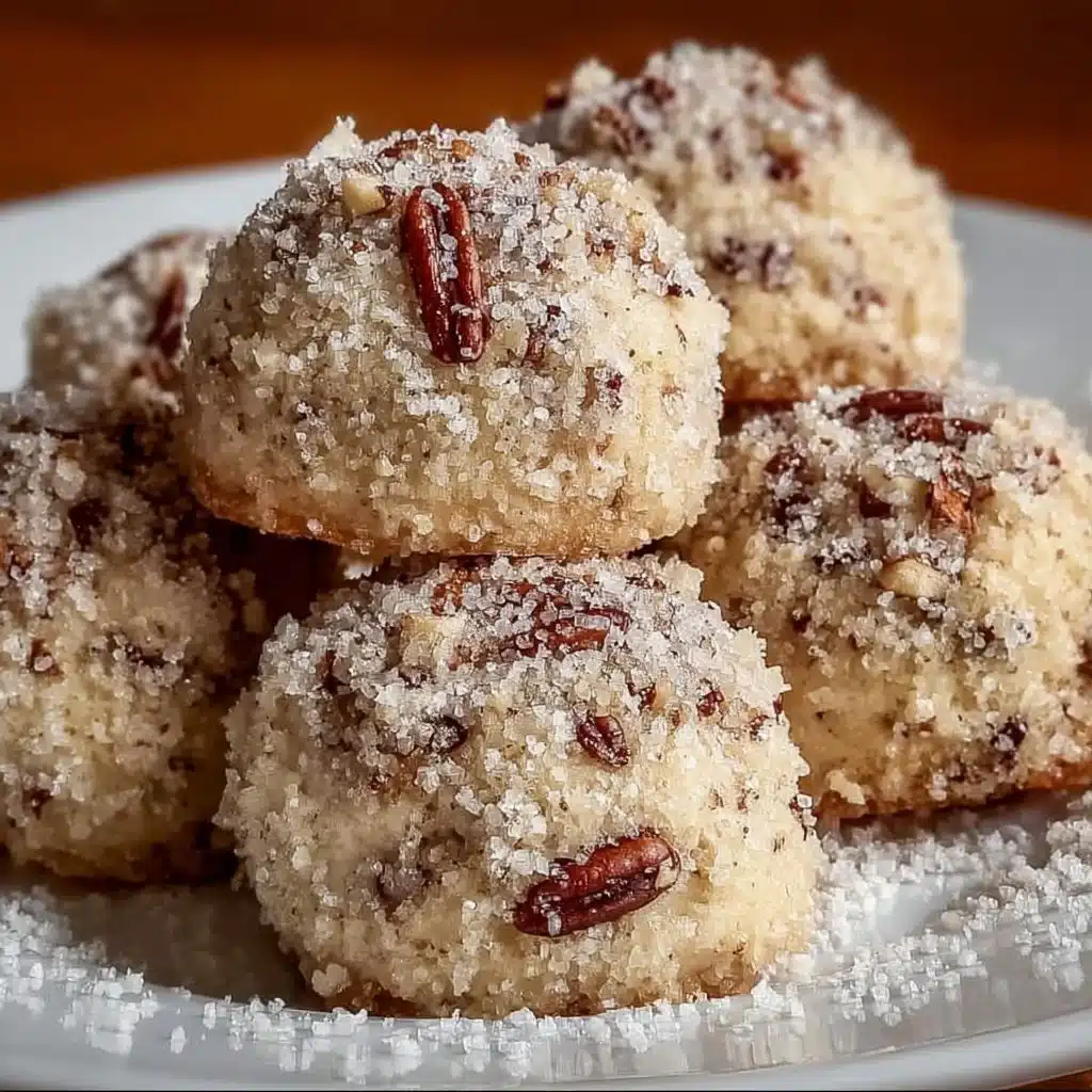 Buttery Pecan Snowball Cookies on a festive plate