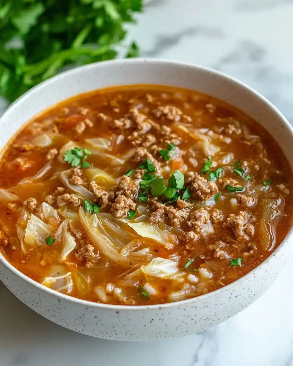 Delicious bowl of cabbage roll soup garnished with herbs and spices
