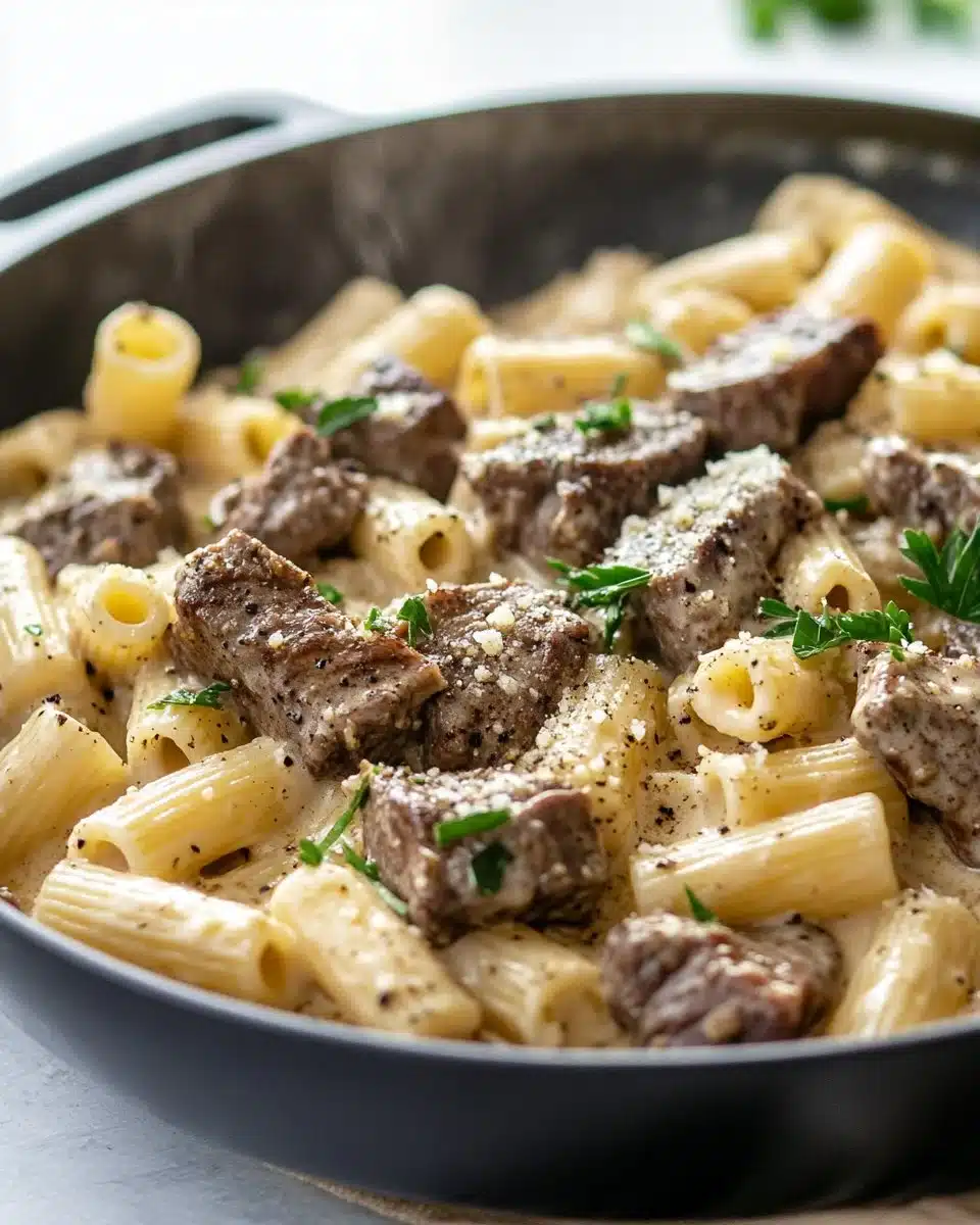 Cajun steak tips with creamy rigatoni parmesan on a plate