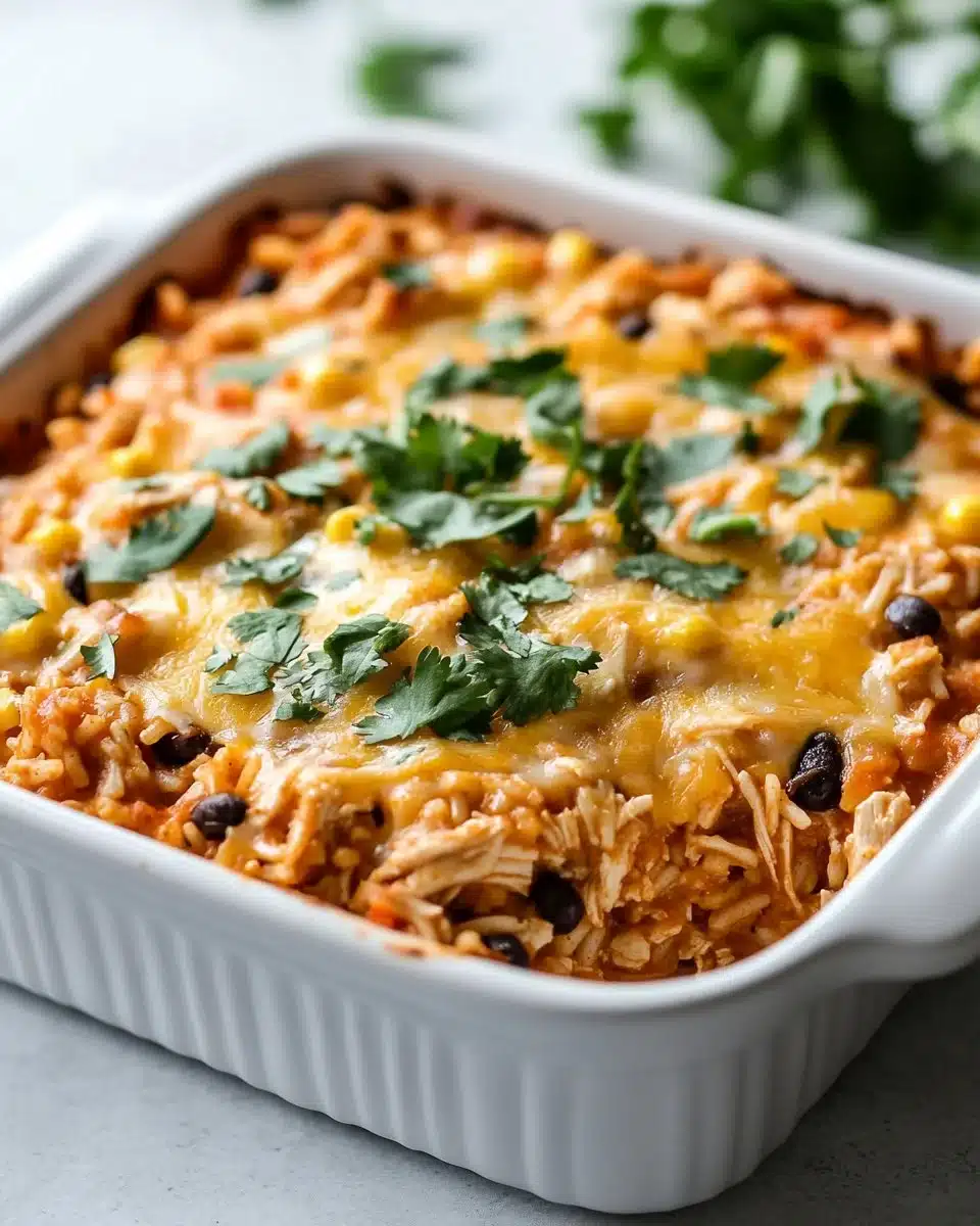 Delicious Chicken Enchilada Rice Casserole topped with cheese and garnished
