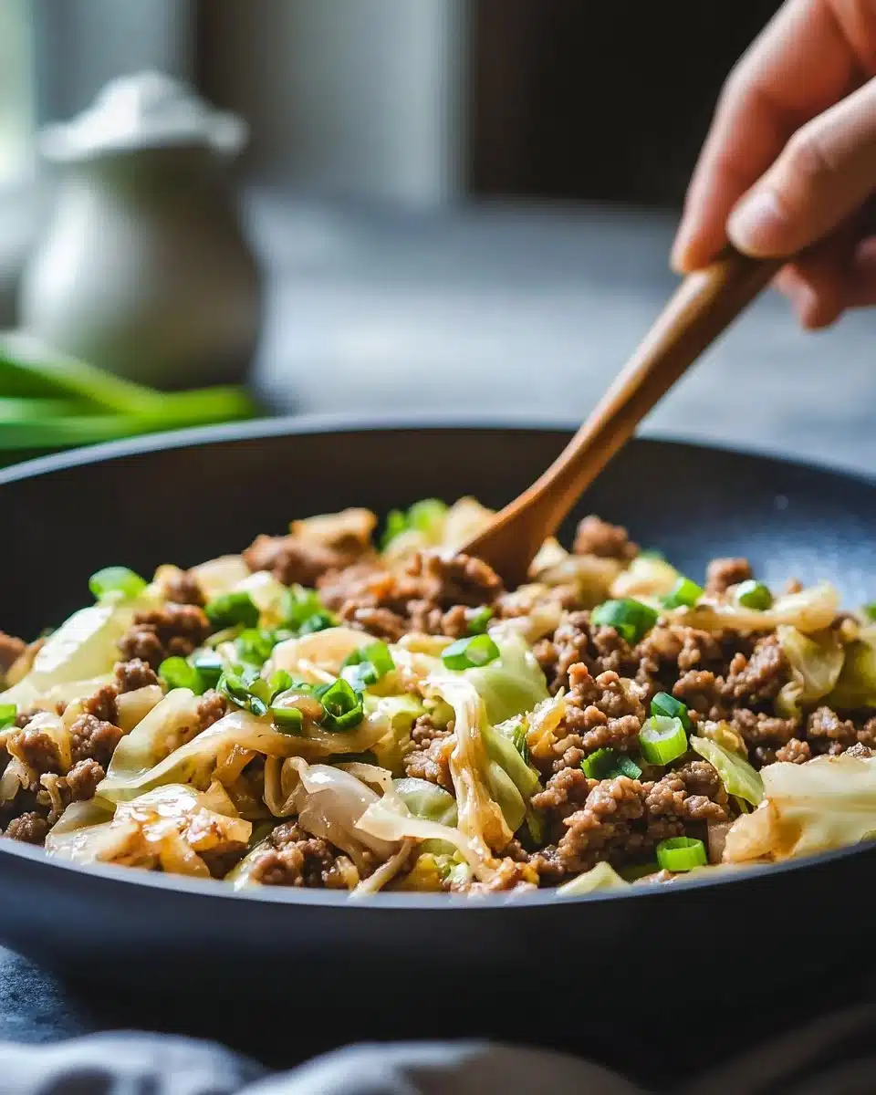 Chinese ground beef stir-fry with cabbage in a skillet.