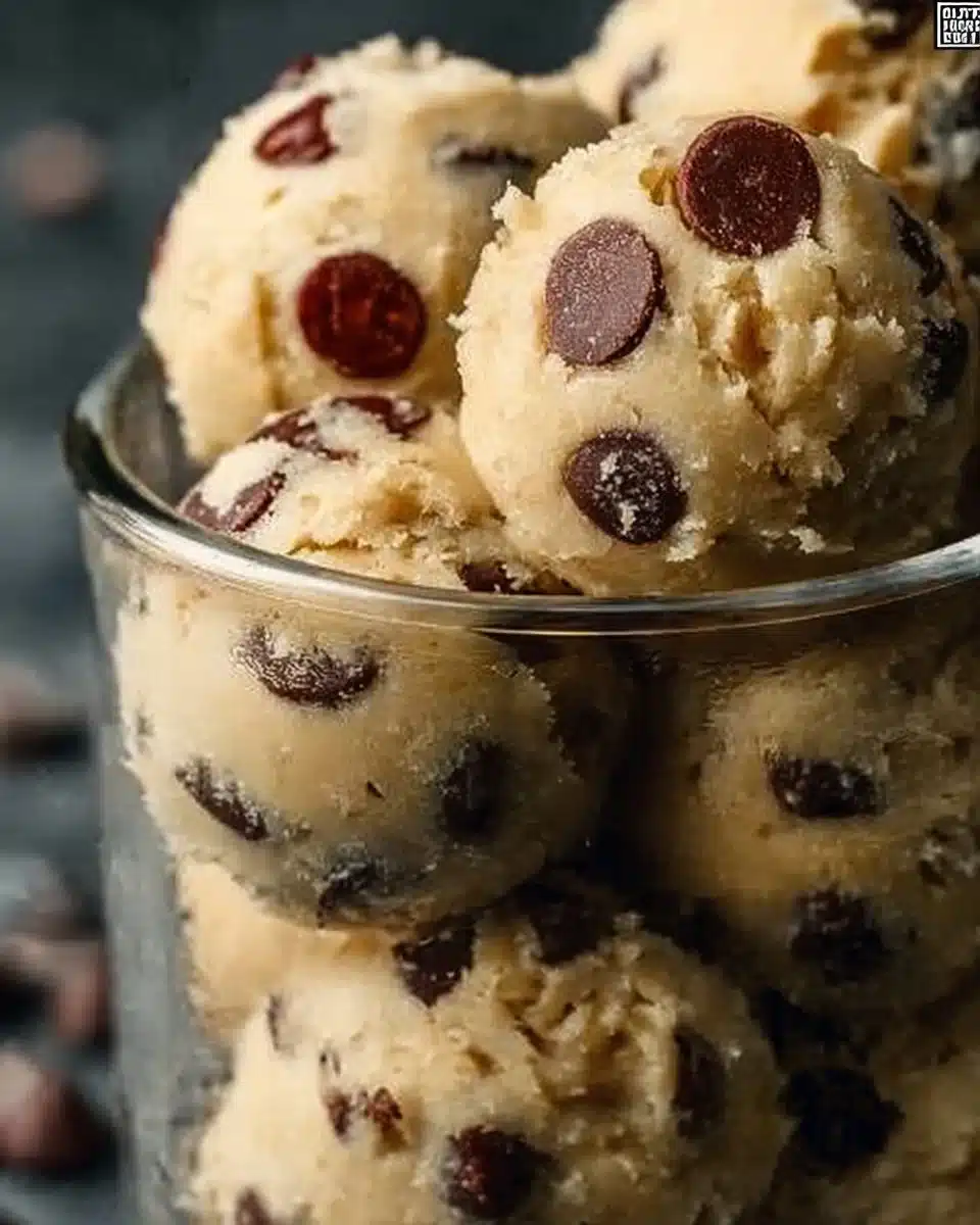 Chocolate chip edible cookie dough served in a bowl, ready to enjoy.