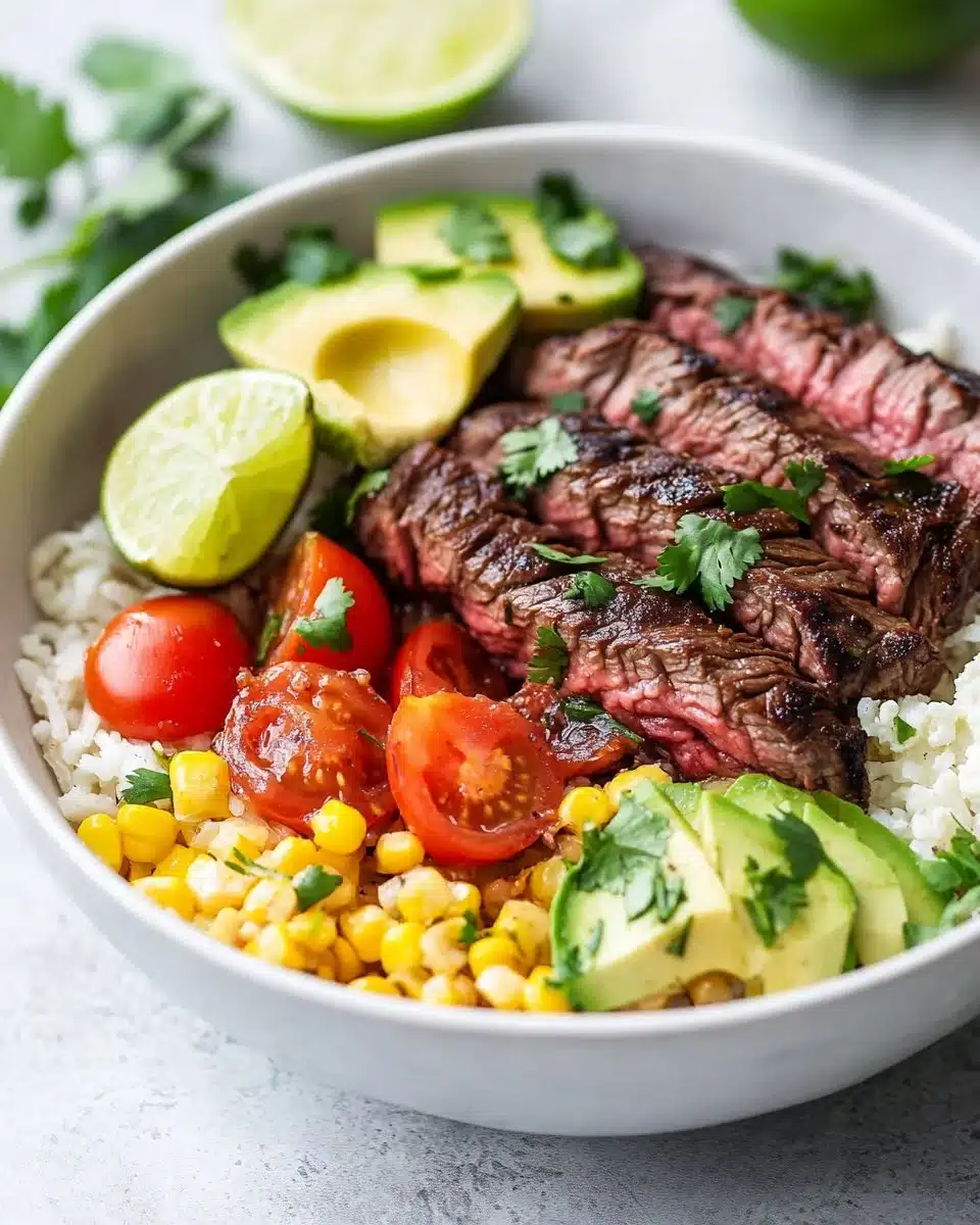 Cilantro lime steak bowl with fresh ingredients and vibrant colors