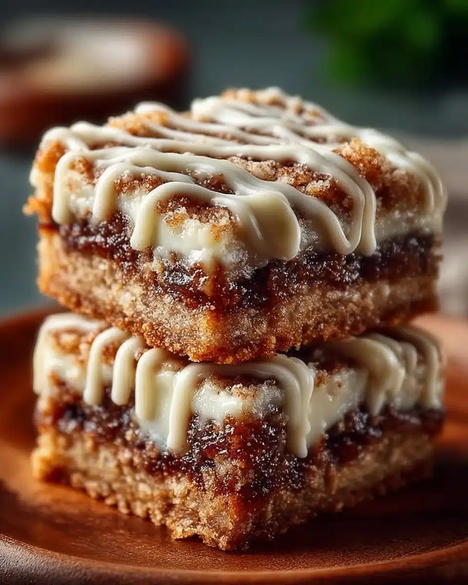 An appetizing plate of Cinnamon Roll Bliss Bars drizzled with icing.