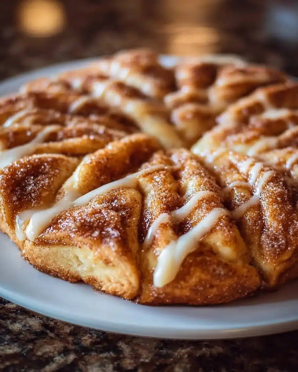 Cinnamon-sugar pizza made from crescent rolls, topped with a sweet cinnamon mixture.