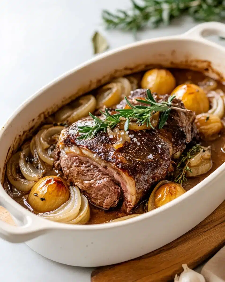 Deliciously cooked French Onion Pot Roast with aromatic herbs and cheese.