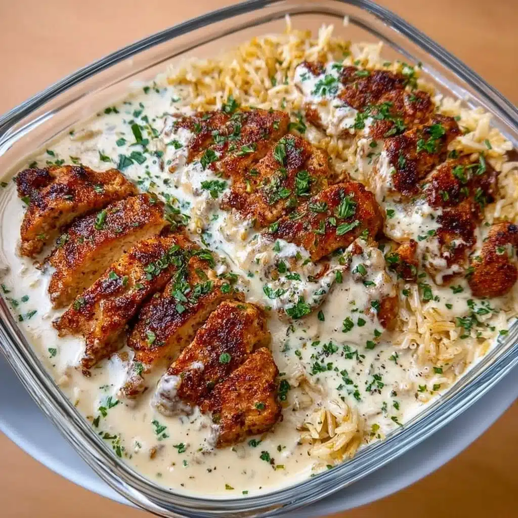Creamy Cajun Chicken and Rice Bowl topped with herbs and spices