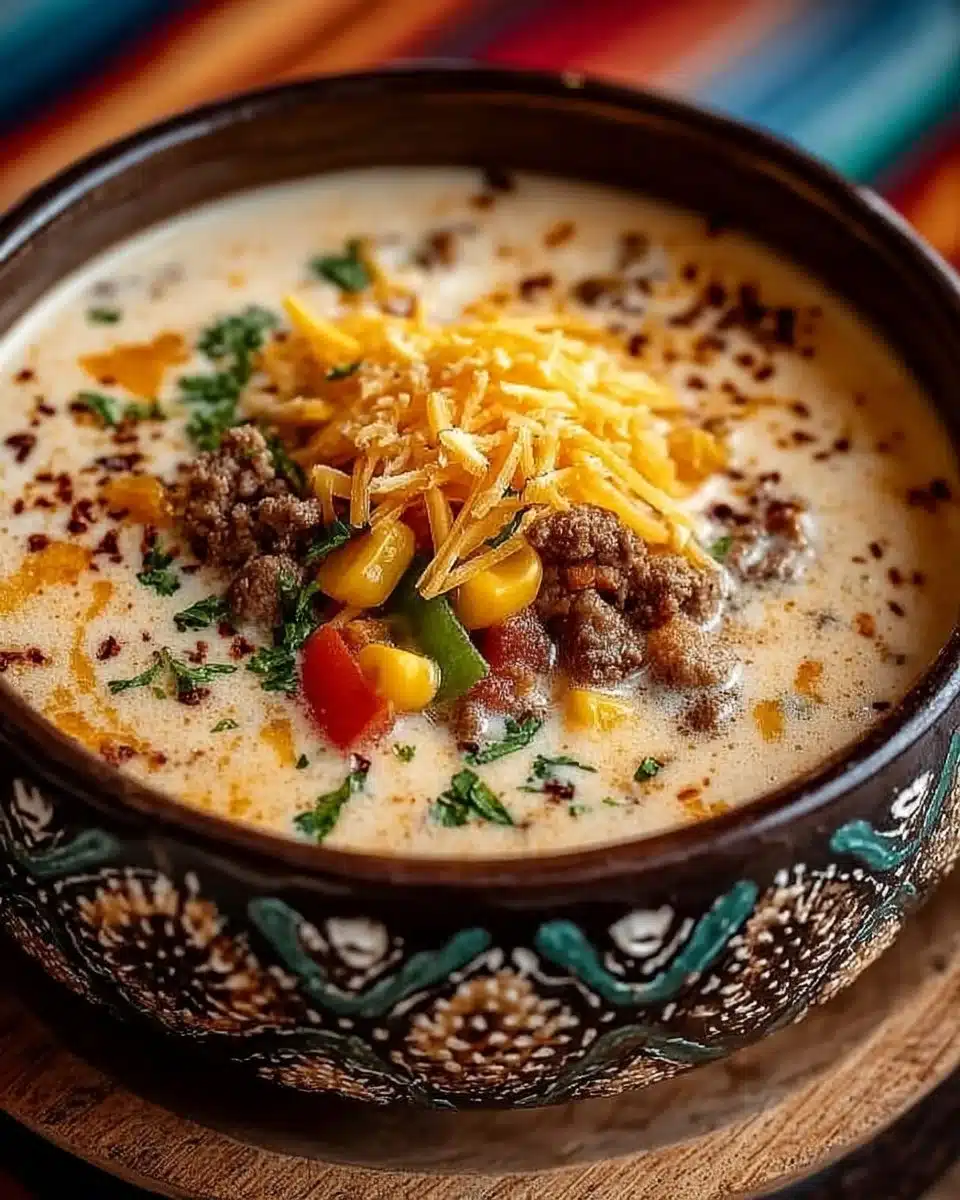 Bowl of creamy cowboy soup garnished with herbs and rustic bread