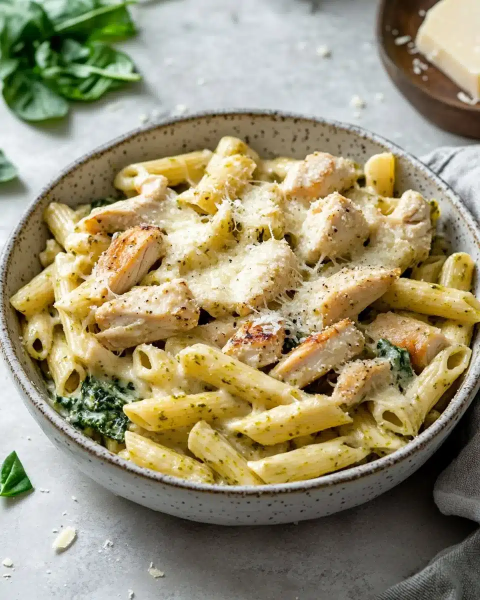 Creamy pesto chicken pasta in a bowl with fresh basil and parmesan cheese