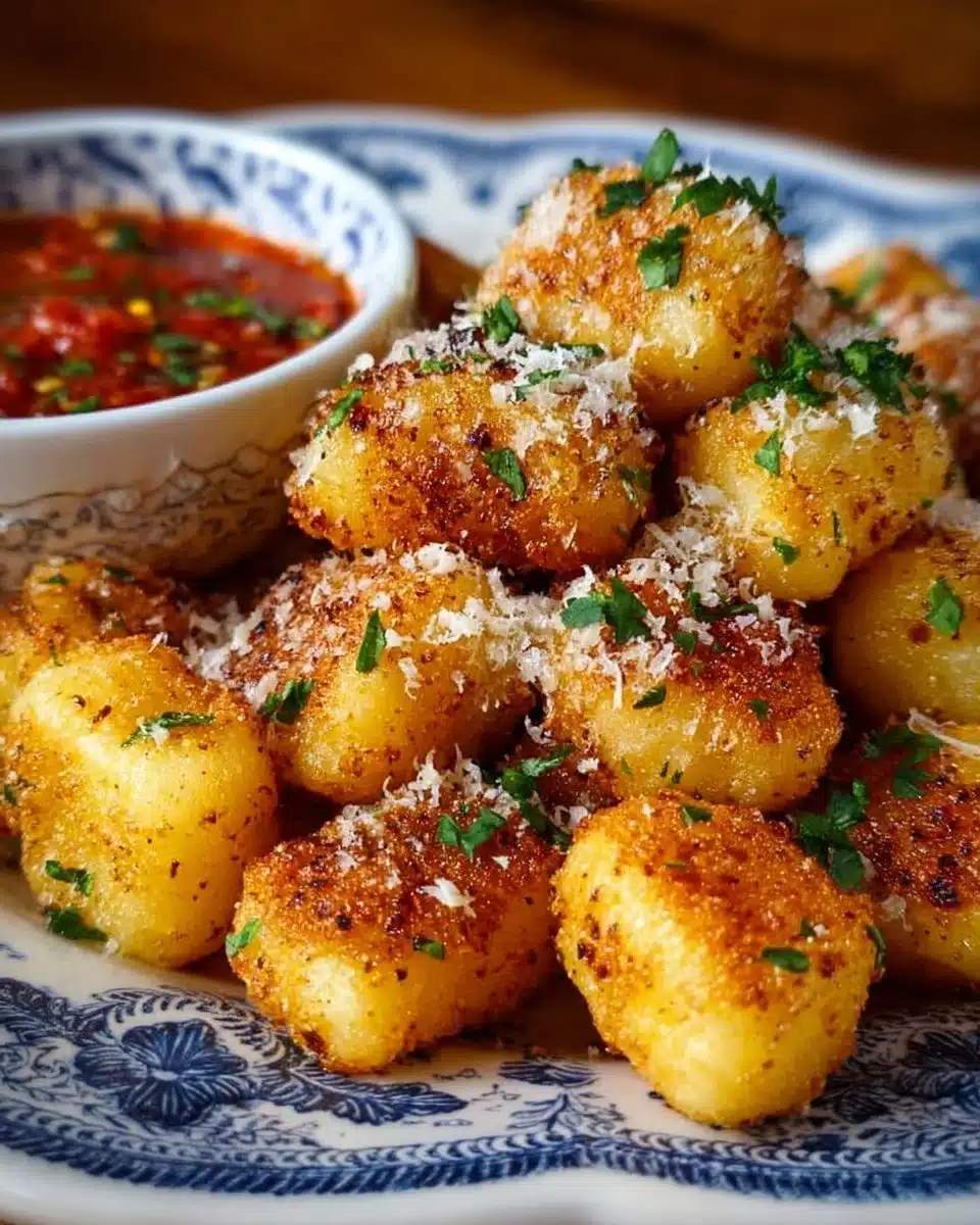 Crispy air fryer gnocchi served on a plate with herbs and sauce