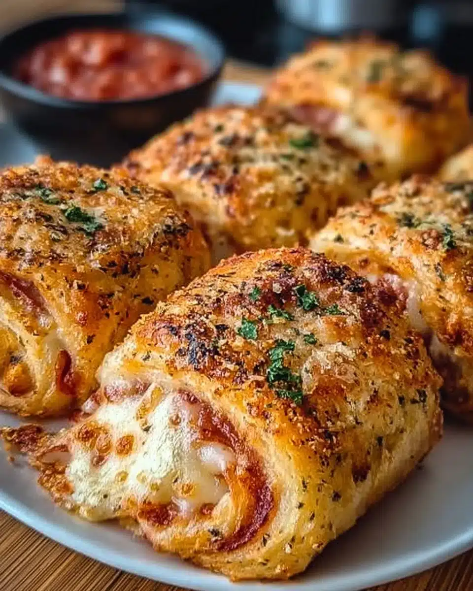 Crispy air fryer pizza rolls ready to serve with dipping sauce