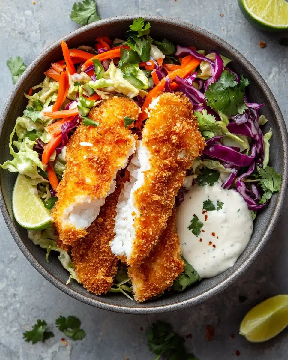 Crispy fish taco bowls topped with fresh ingredients and vibrant colors