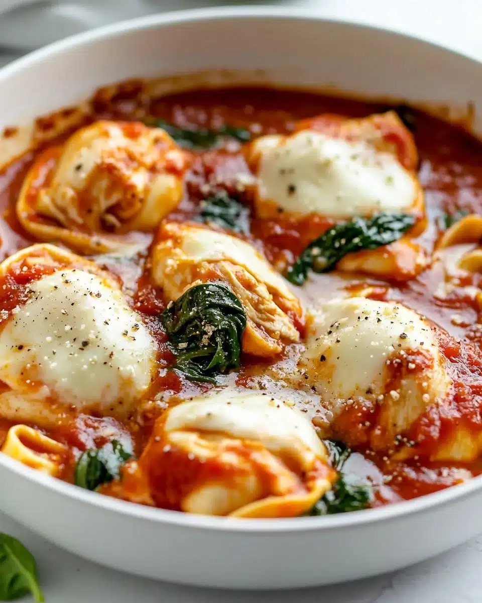 Delicious CrockPot Chicken Tortellini in a bowl, ready to serve.