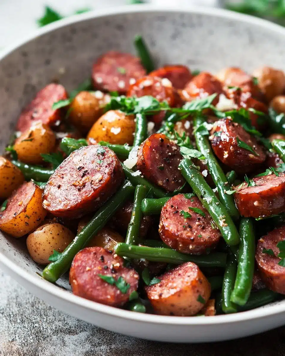 Crockpot Kielbasa with green beans served in a slow cooker dish