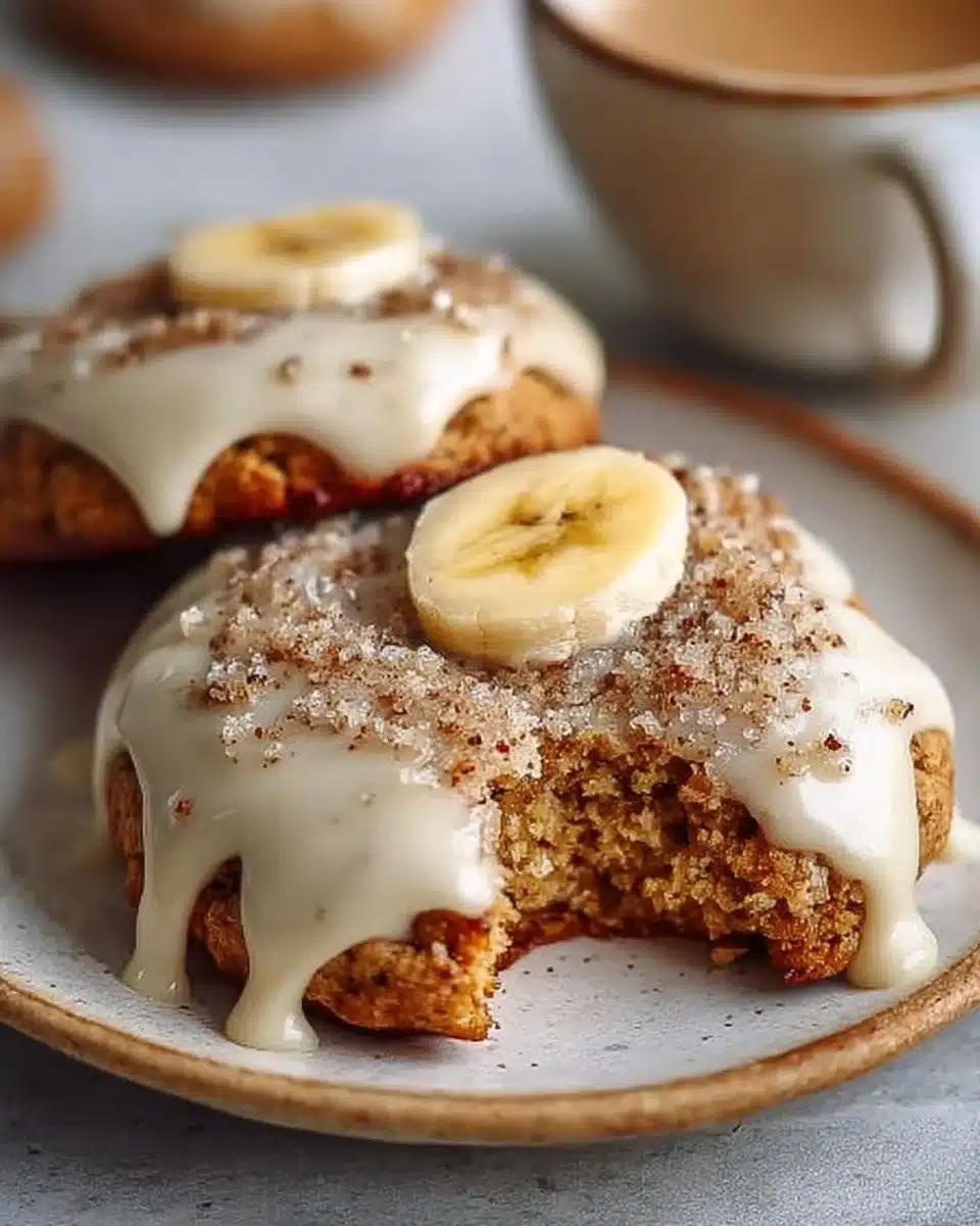 Crumbl banana bread cookies drizzled with cream cheese glaze on a plate.