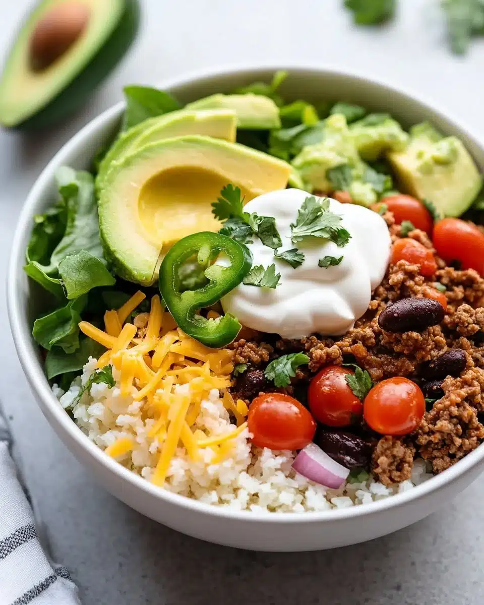 Easy low carb burrito bowl packed with protein for breakfast