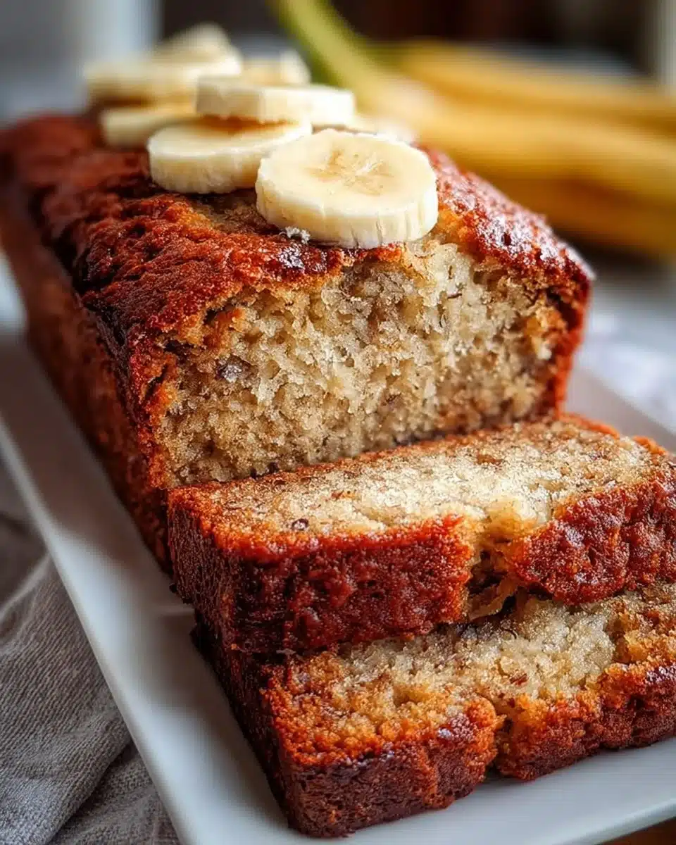 Slice of easy moist banana bread on a wooden table with ripe bananas