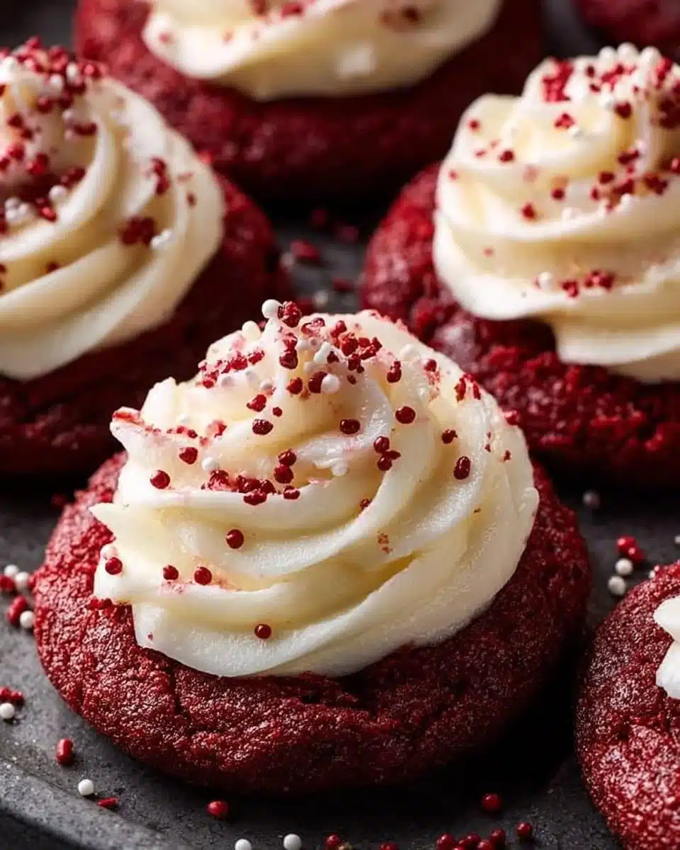 Delicious frosted red velvet cupcake cookies on a baking tray
