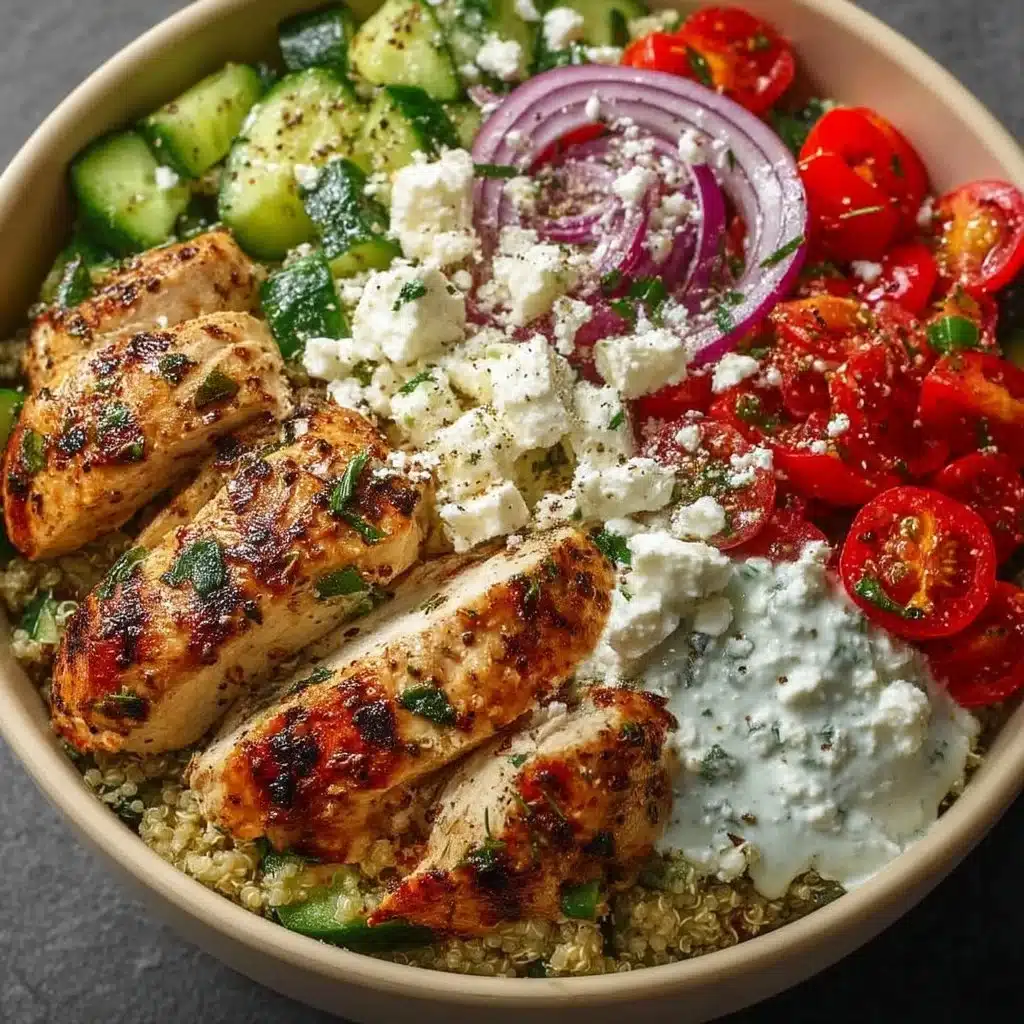 Healthy Greek Chicken Bowl with fresh vegetables and toppings