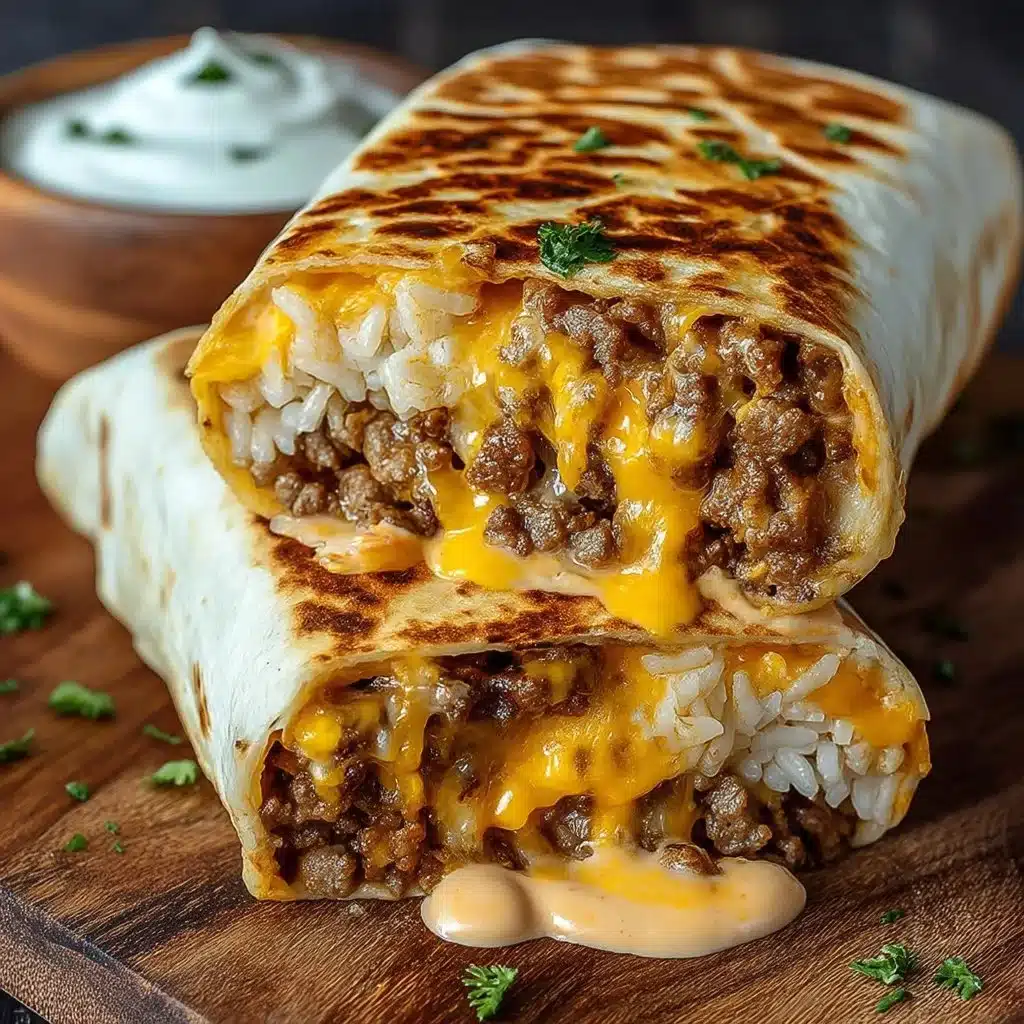 Grilled cheese burrito with melted cheese and toppings wrapped in a crispy tortilla