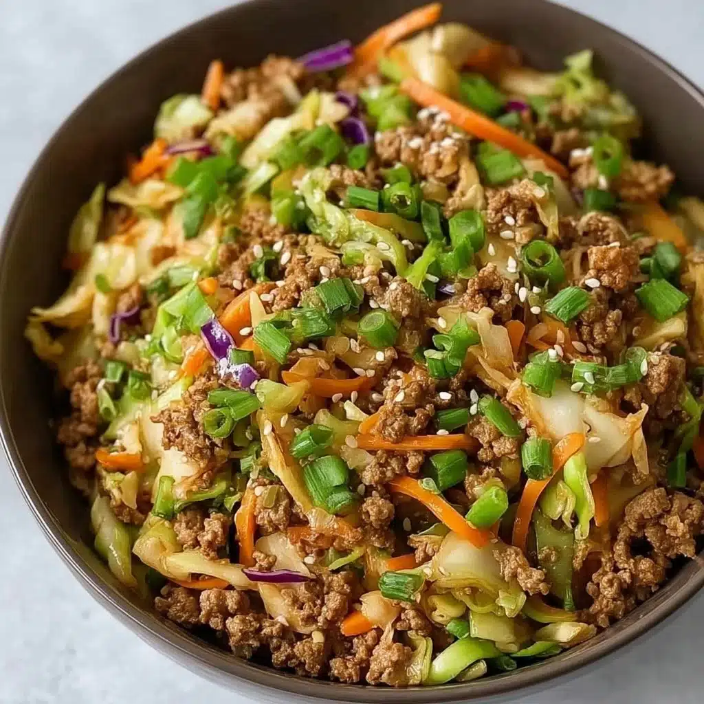 High Protein Egg Roll in a Bowl filled with fresh vegetables and protein-rich ingredients