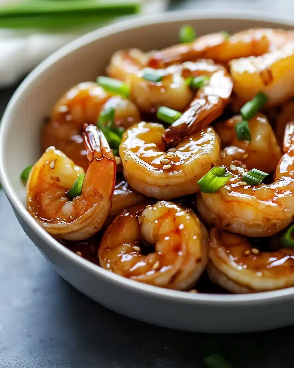 High-Protein Honey Garlic Shrimp served with vegetables on a plate