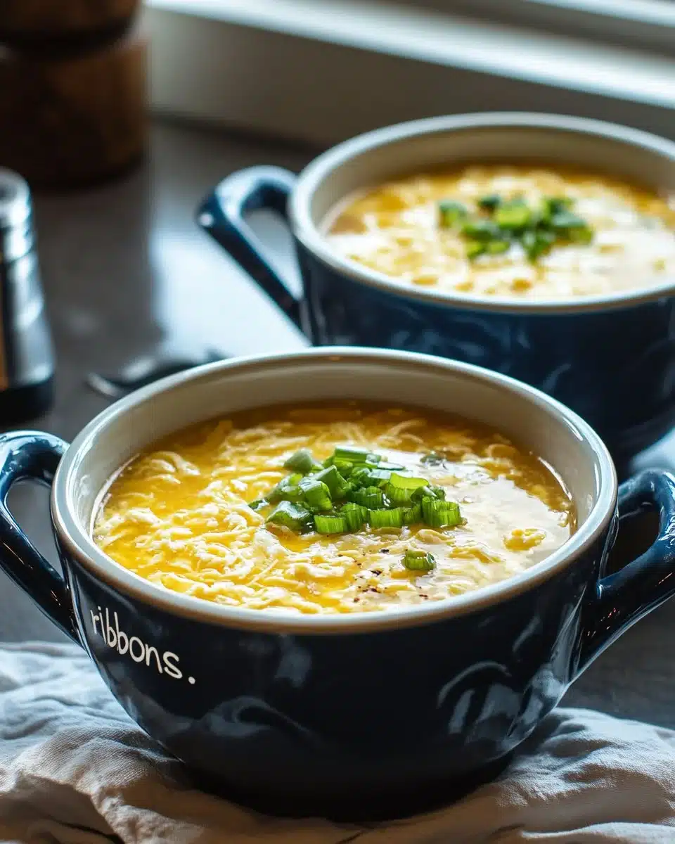 Bowl of homemade keto and gluten-free egg drop soup with herbs