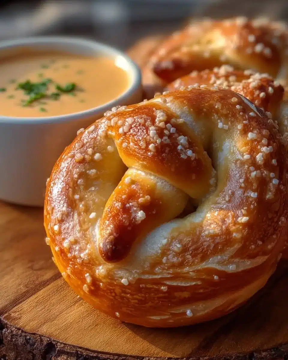 Freshly baked homemade soft pretzels on a wooden serving board
