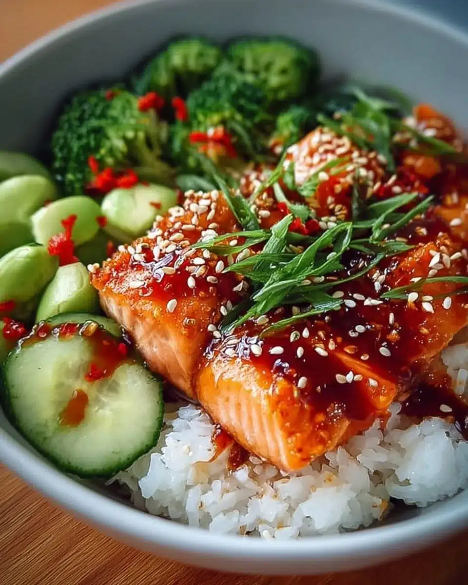 Delicious Honey Sriracha Salmon Bowls with vibrant vegetables and rice