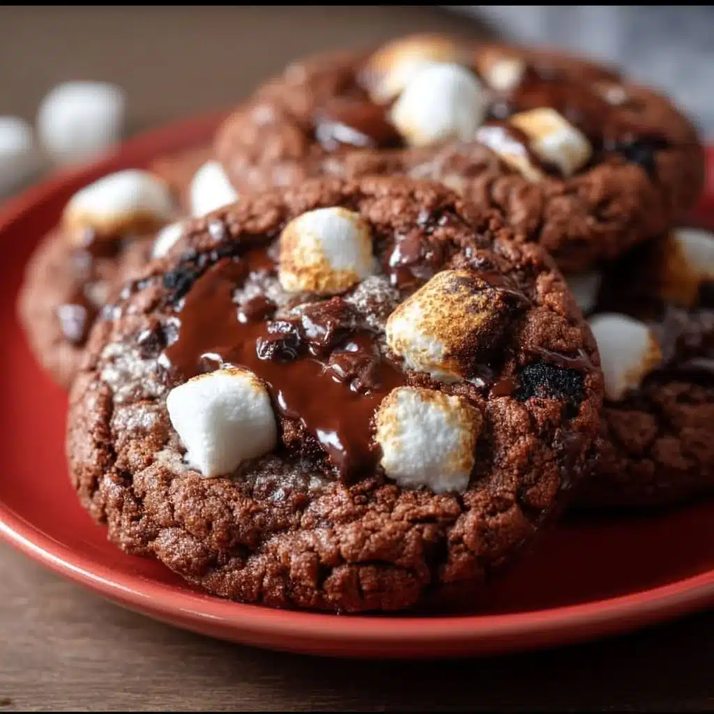 Freshly baked hot chocolate cookies with melted chocolate and marshmallows