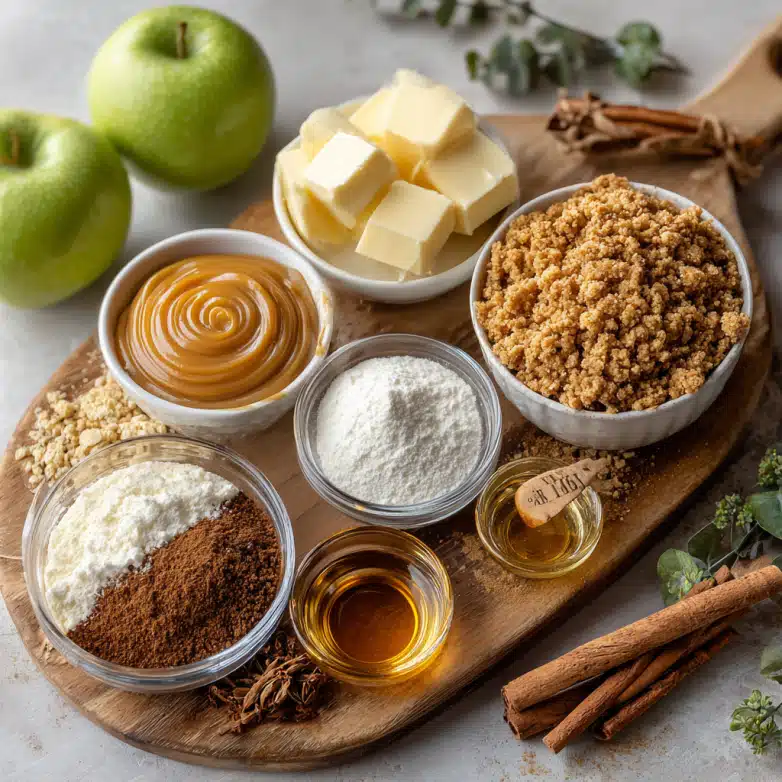 Fresh ingredients for Cinnamon Toast Crunch Apple Caramel Crumb dessert on rustic board